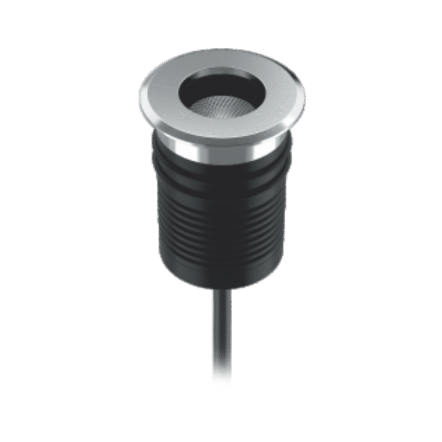 Sleek stainless steel inground LED light illuminating a modern garden pathway at dusk.​