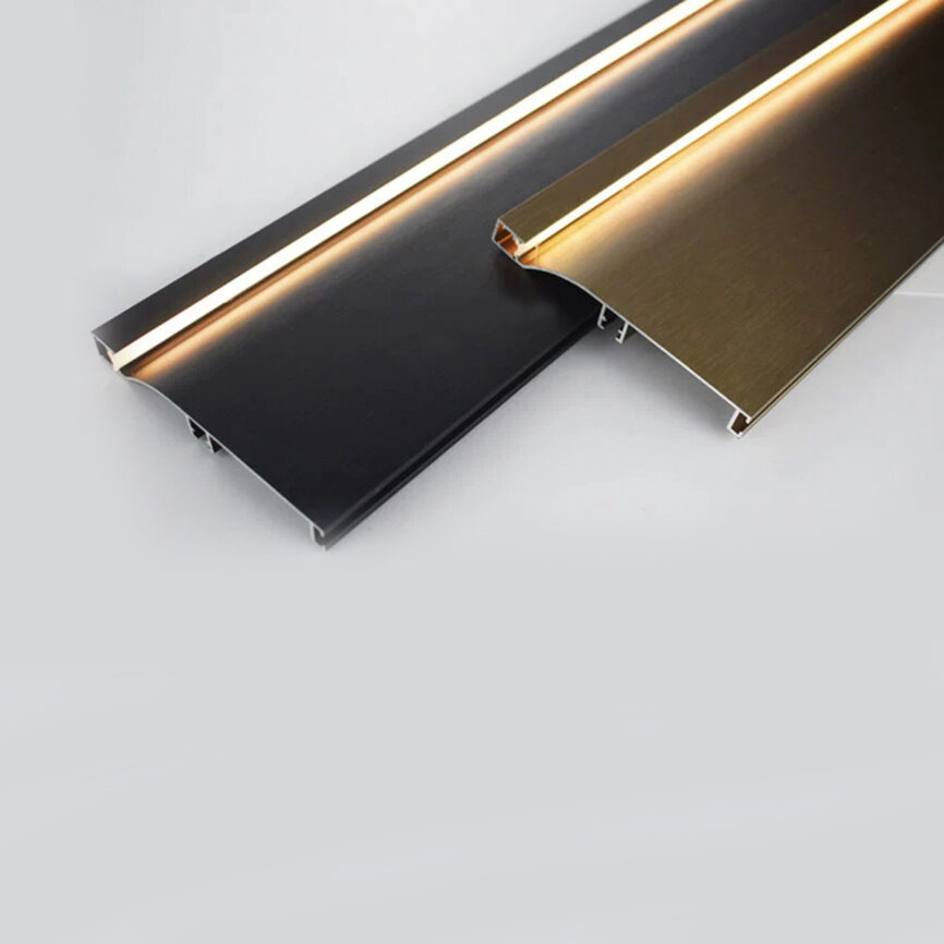 RLL-LAS-01 Gola S Kitchen Skirting Profile with integrated LED lighting installed in a modern kitchen.