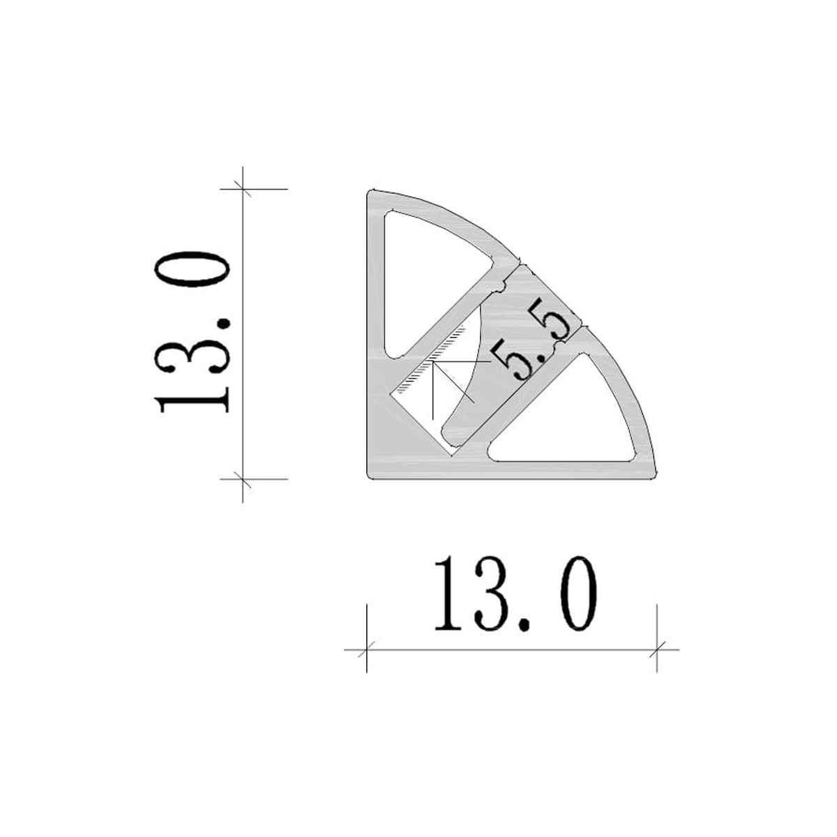 Mechanical Diagram: RLL 531-M1313 sleek furniture profile lighting – ultra-slim 13mm x 13mm aluminium LED profile, ideal for modular