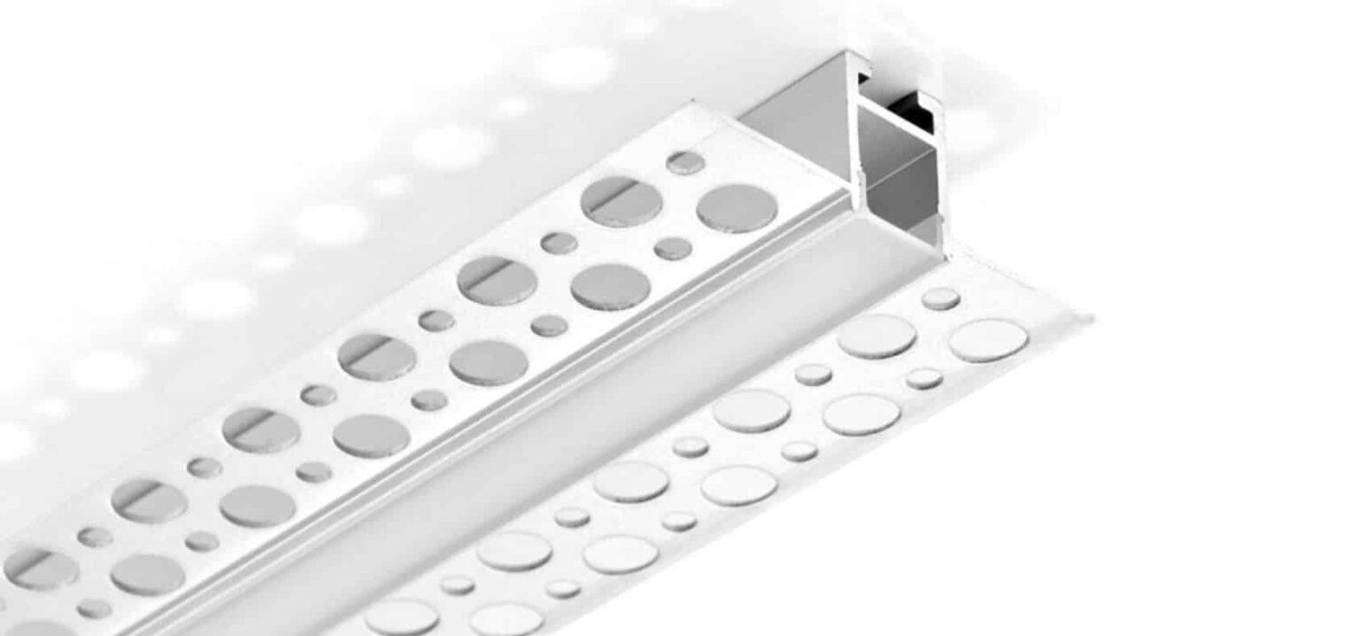 RHEALP079 LED aluminum profile 53×18.5 mm installed in drywall.