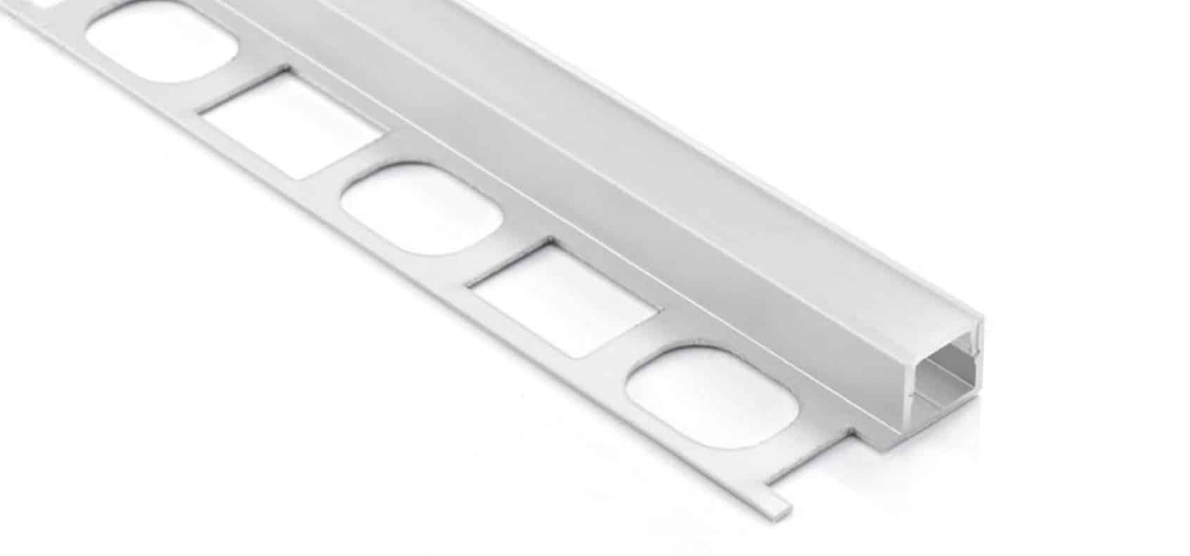 RHEA RHEALP087 flush mount LED aluminum profile integrated into tiled wall.