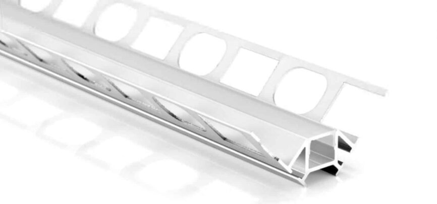 RHEALP088 LED aluminium profile recessed in tile wall, white finish.