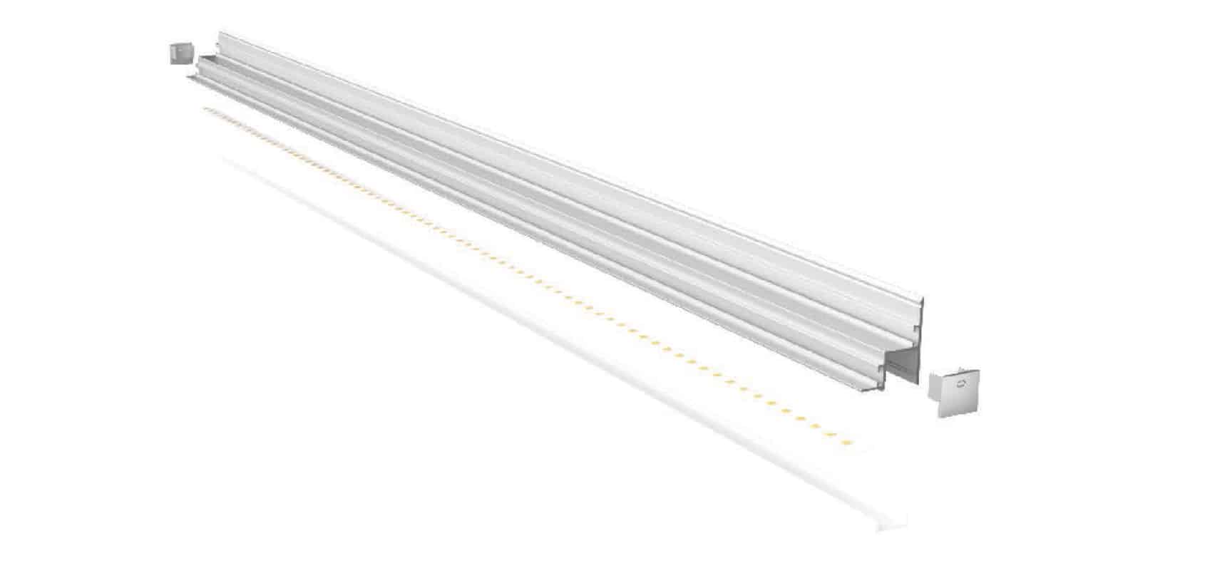 RHEALD3545 trimless drywall LED profile installed flush in gypsum ceiling, Cross-section of RHEALD3545 LED profile with opal diffuser, RHEALD3545 profile in matte black finish revealing clean linear lighting line.