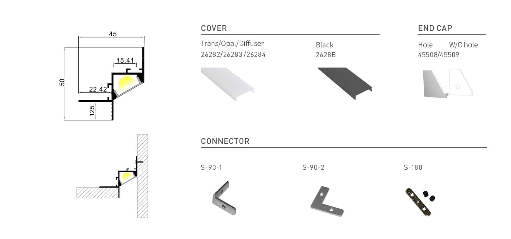 RHEALED4550 aluminium LED profile in silver finish.