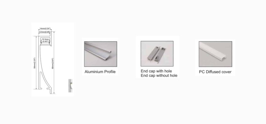 RHEALP023-R2 aluminium linear LED profile, 14×58mm, PC diffuser, anodized/white/black finish.