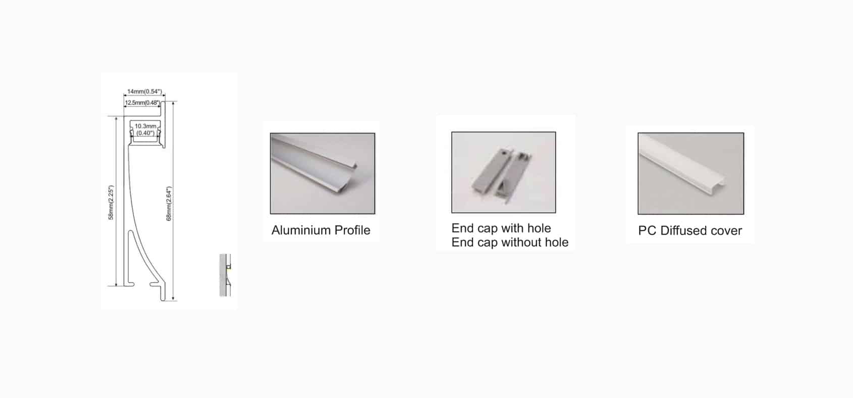 RHEALP023-R2 aluminium linear LED profile, 14×58mm, PC diffuser, anodized/white/black finish.