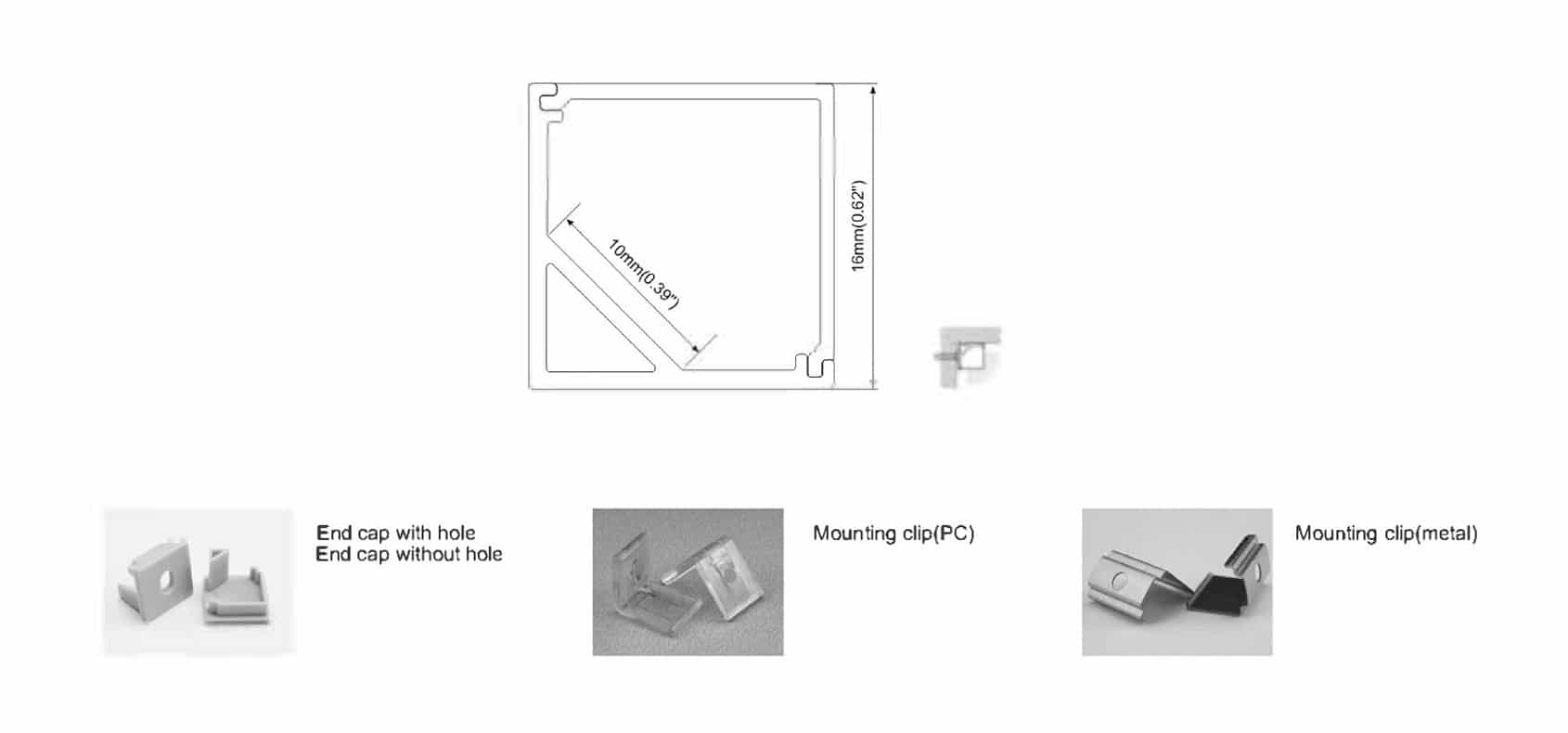 RHEALP005 aluminium LED lighting profile 16×16 mm with opal diffuser in black finish
