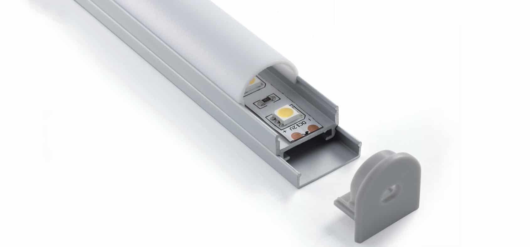 RHEALP010 aluminium LED profile 19.6×20.1 mm with opal matte diffuser in anodized finish.