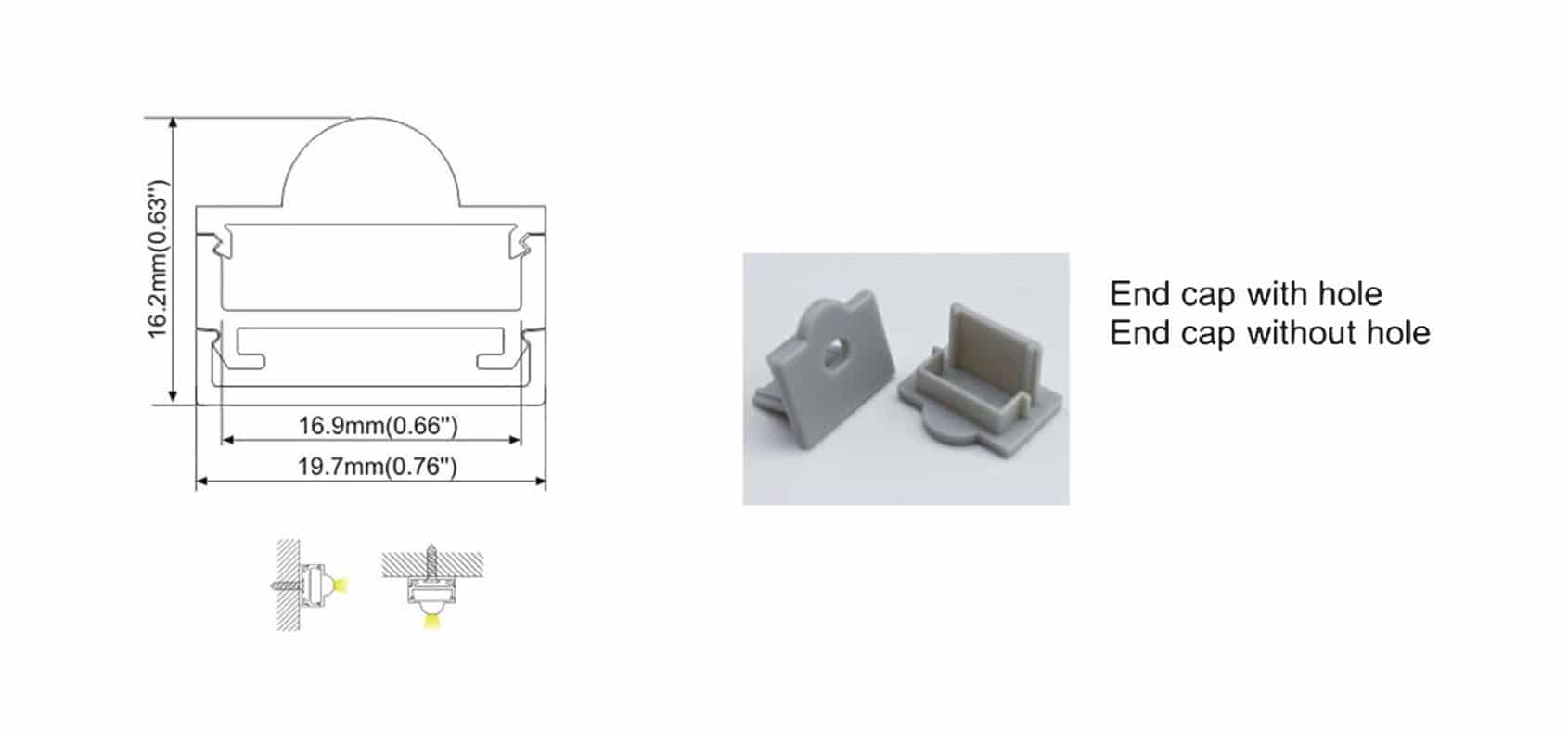 RHEALP012 slim aluminium LED profile with diffuser and end caps.