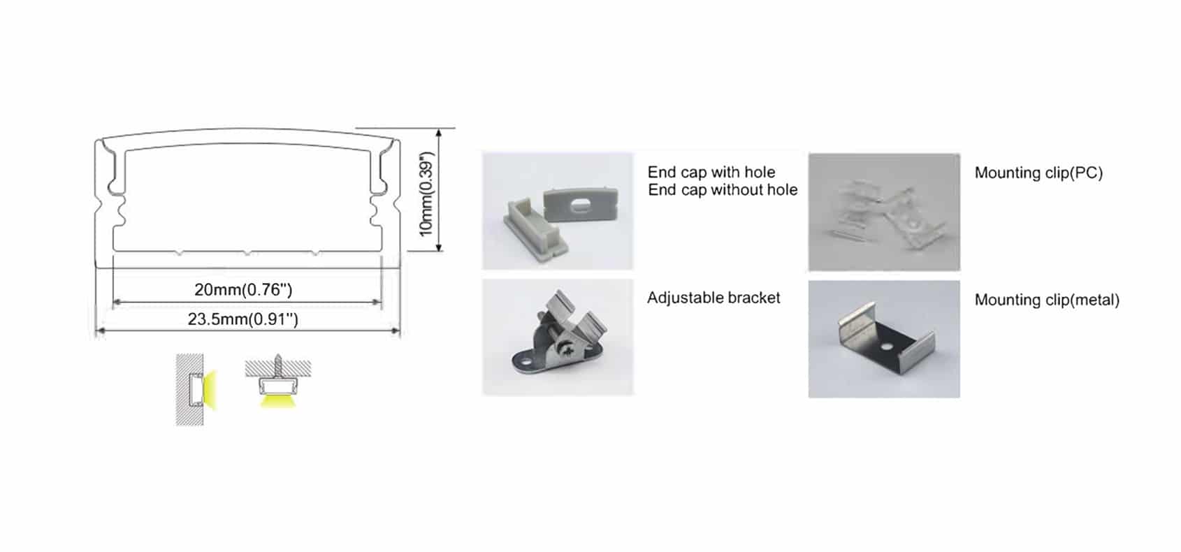 RHEALP014 slim aluminium LED profile 23.5×10 mm” OR for installed view “RHEALP014 profile lighting application in coves/ceiling/wall.