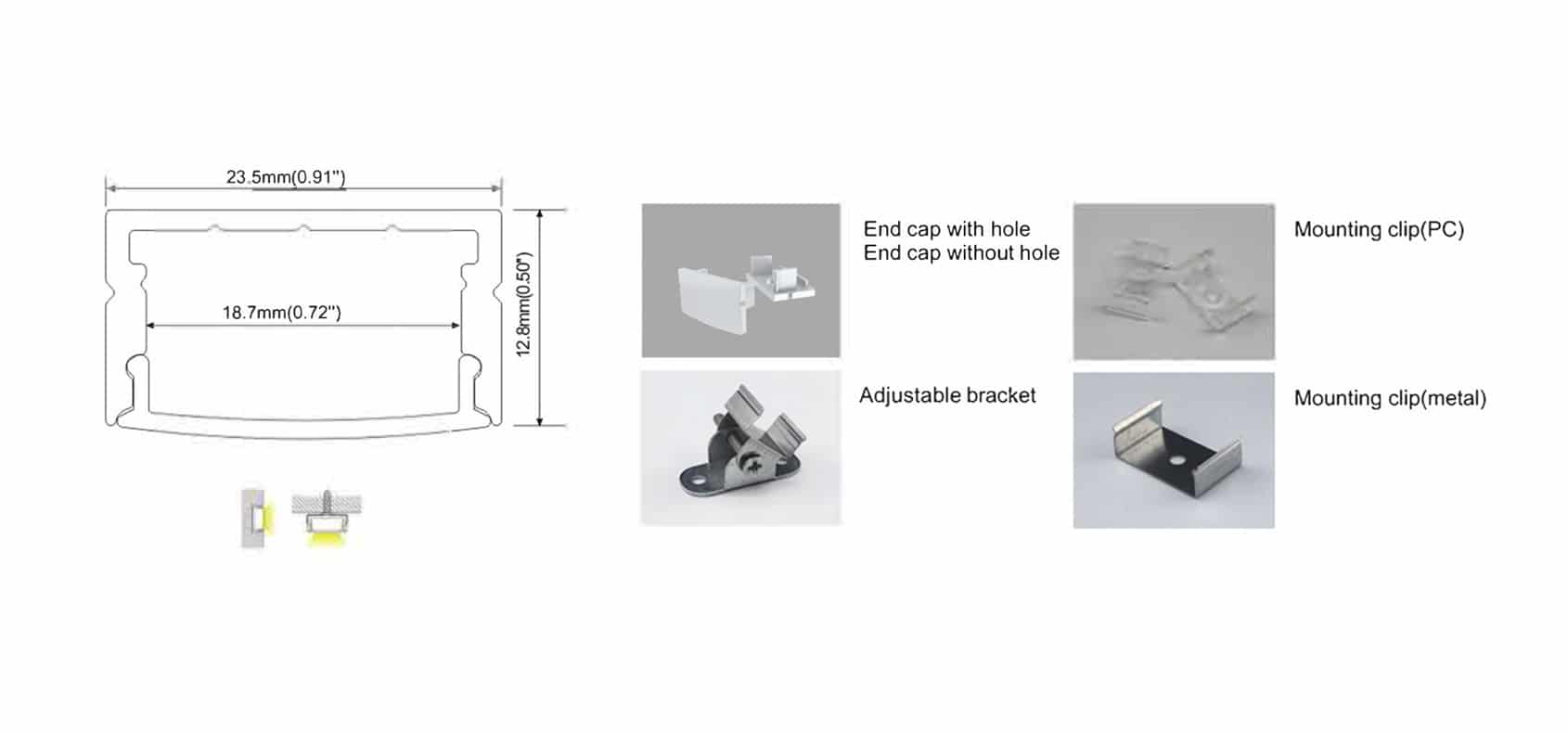 RHEALP014-R LED aluminium lighting profile 23.5×12.8 mm with diffuser options.