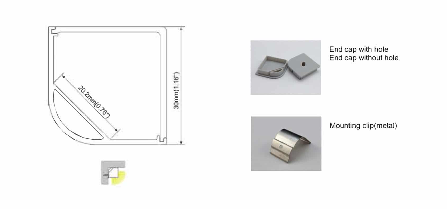 RHEALP015-R aluminium LED profile 30×30 mm opal matte diffuser.