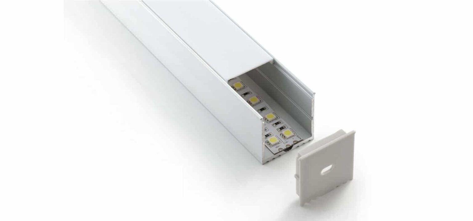 RHEALP018 aluminium LED profile installed in modern ceiling recess giving continuous linear lighting.