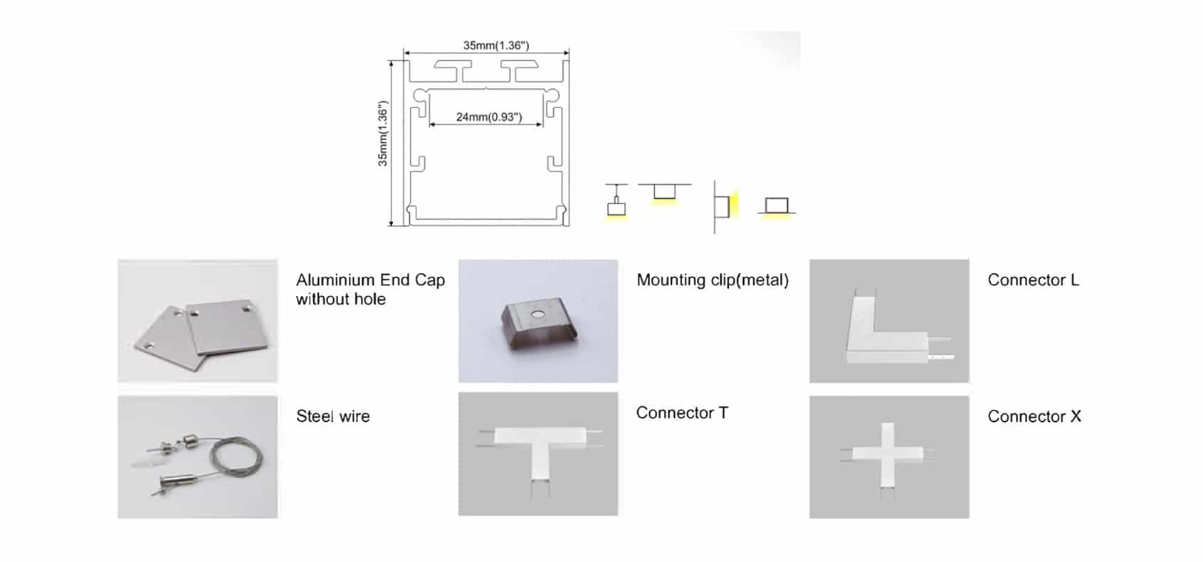 RHEALP018-R3 aluminium LED profile lighting 35×35mm with opal matte diffuser installed in interior.
