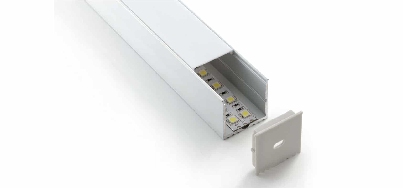 RHEALP018 aluminium LED profile installed in modern ceiling recess giving continuous linear lighting.