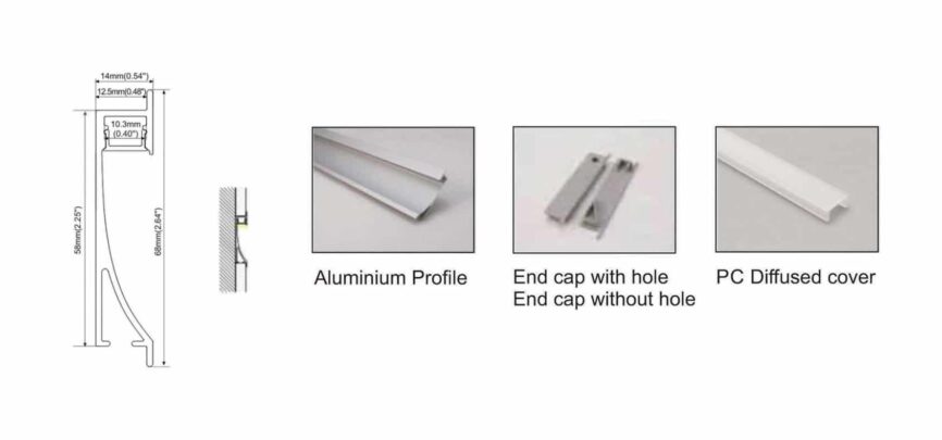 RHEALP023-R2 aluminium linear LED profile, 14×58mm, PC diffuser, anodized/white/black finish.