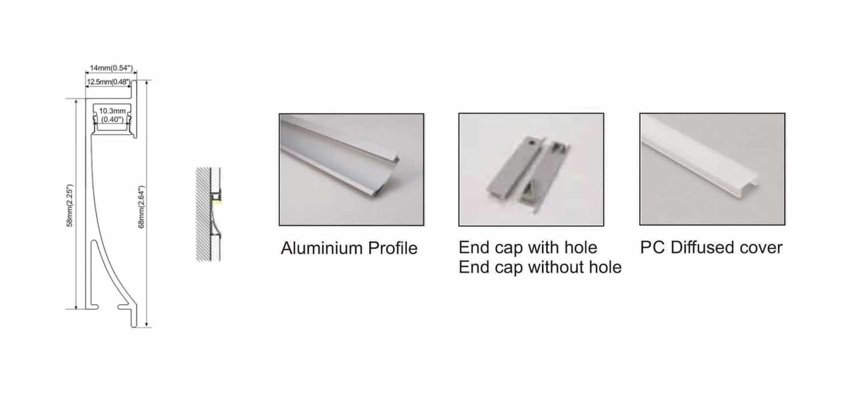 RHEALP023-R2 aluminium linear LED profile, 14×58mm, PC diffuser, anodized/white/black finish.