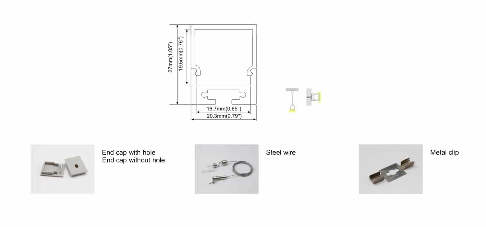 LED aluminium profile RHEALP028 20.3×27 mm with opal diffuser, white and black finish