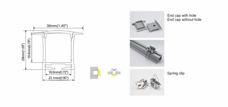 Aluminium LED profile RHEALP031 36×28 mm with opal matte diffuser.