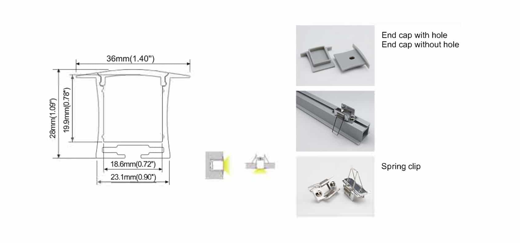 Aluminium LED profile RHEALP031 36×28 mm with opal matte diffuser.