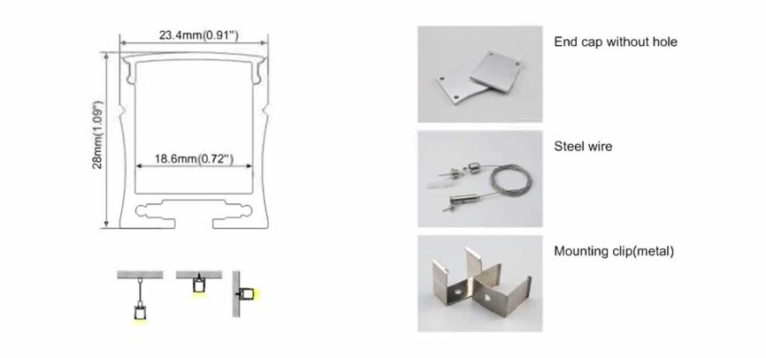 RHEALP032 aluminium LED profile 23.4×28 mm extruded linear lighting channel.