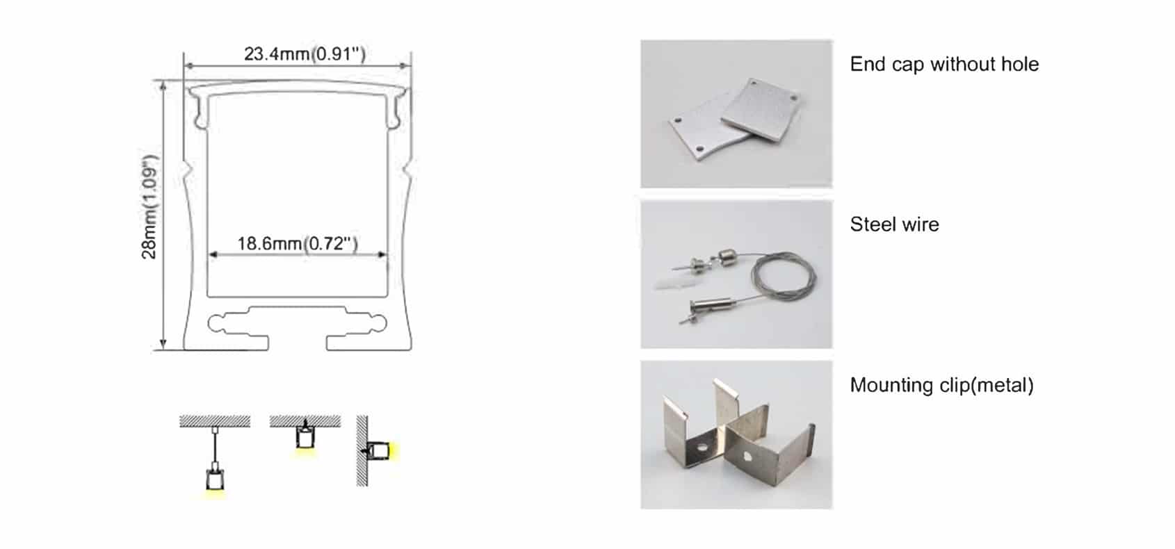 RHEALP032 aluminium LED profile 23.4×28 mm extruded linear lighting channel.