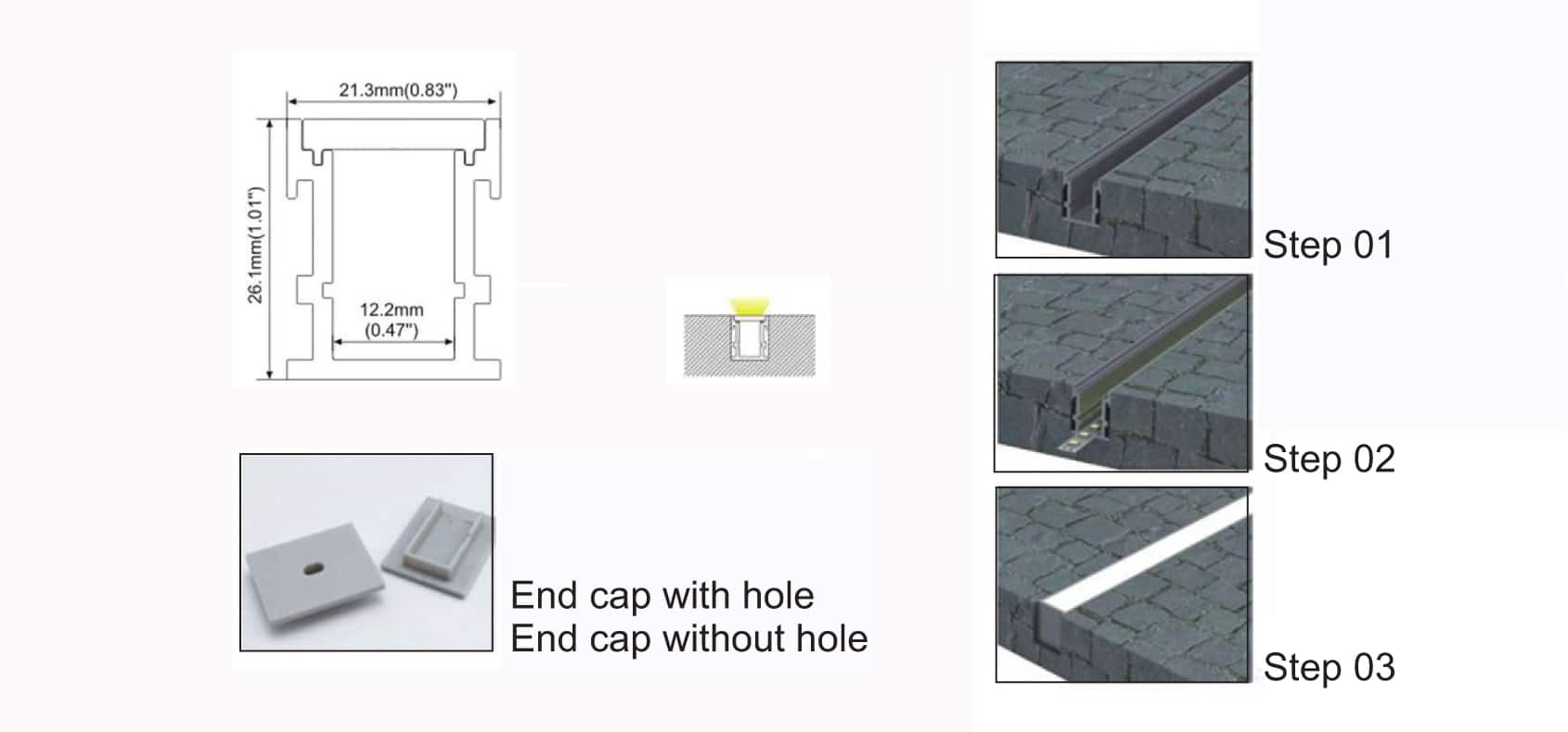 RHEALP034 aluminium LED profile channel with diffuser in anodised finish Or for variant: RHEALP034 LED profile in black finish with end cap.
