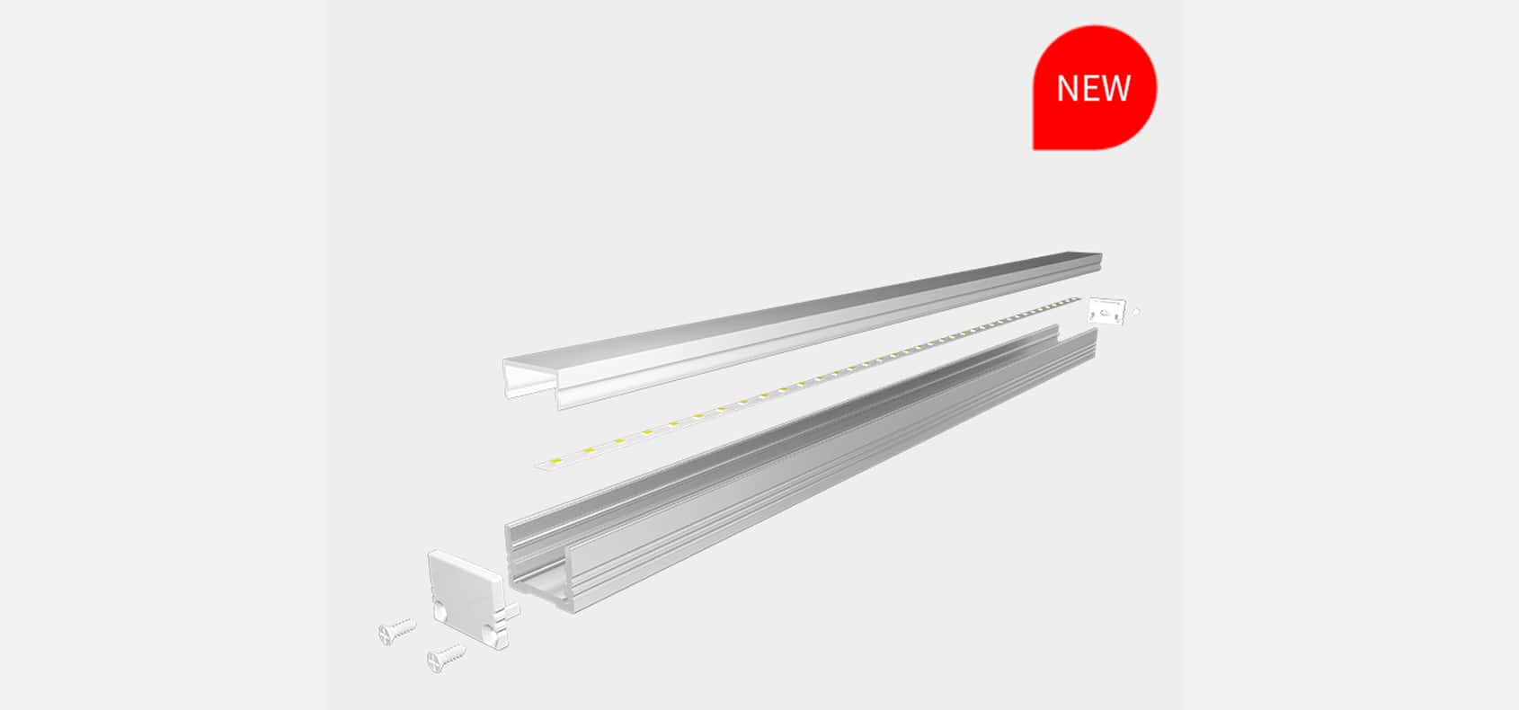 RHEALP1813B LED linear profile in anodised finish showing diffuser cover removed