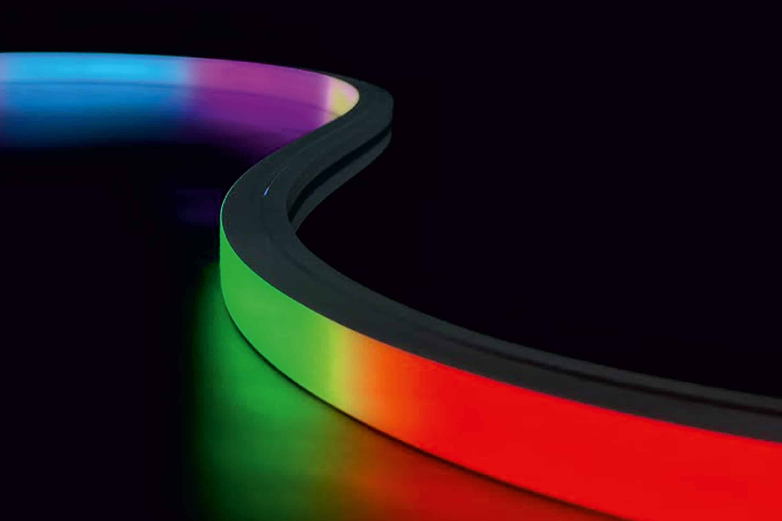 RLLNFTB1612 SPI pixel Neon Flex Top Bend LED strip emitting vibrant colors on a vertical bend.