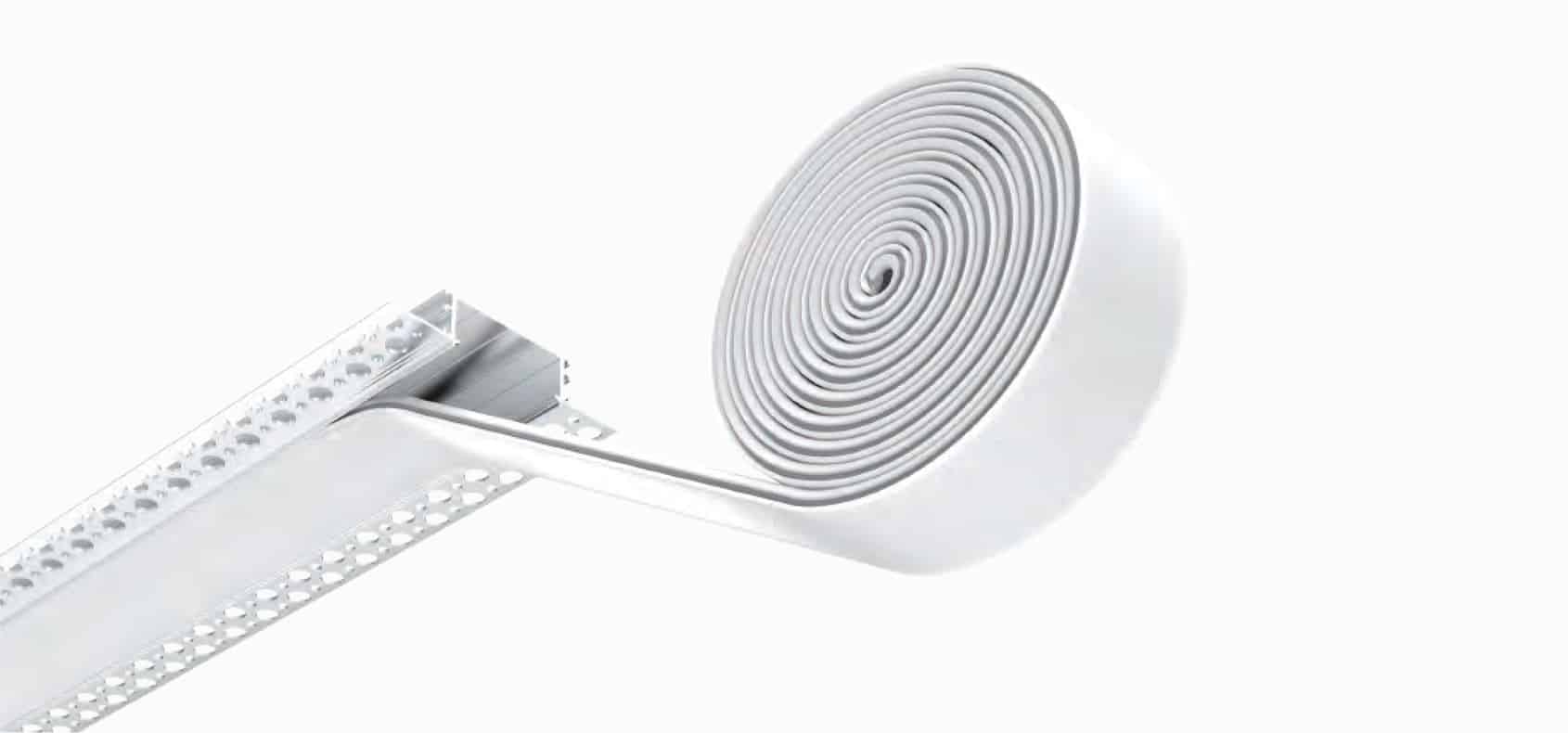 RHEALP173 LED aluminum profile 90×18.6 mm installed in drywall recess.