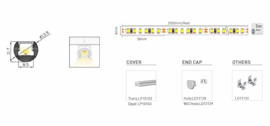 RHEALEO0313 aluminium tubular LED profile side view with frosted diffuser.