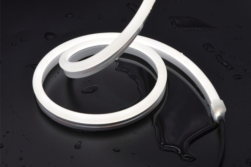 Close-up of RLLNFSB1023 silicone neon flex LED installed along curved staircase for interior design