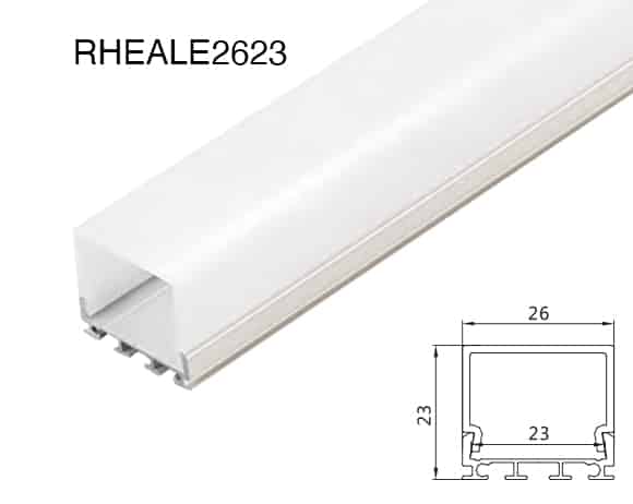 RHEALE2623 slim aluminium LED profile – 26 mm width × 23 mm height for linear lighting